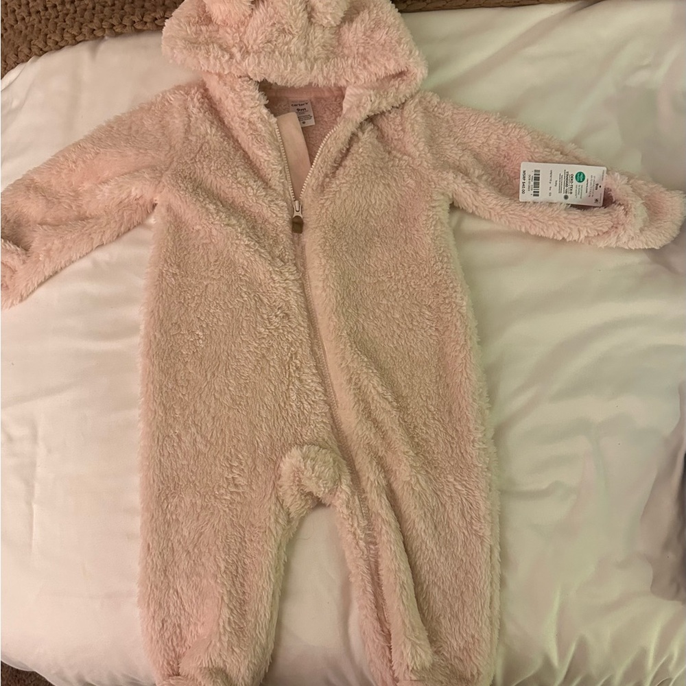 Carter's Pink Fleece Footie with Hood and Elastic Cuffs